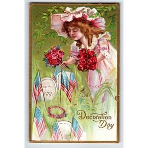 Decoration Memorial Day Postcard Girl US Flag Gravestone Flowers Gold Unposted